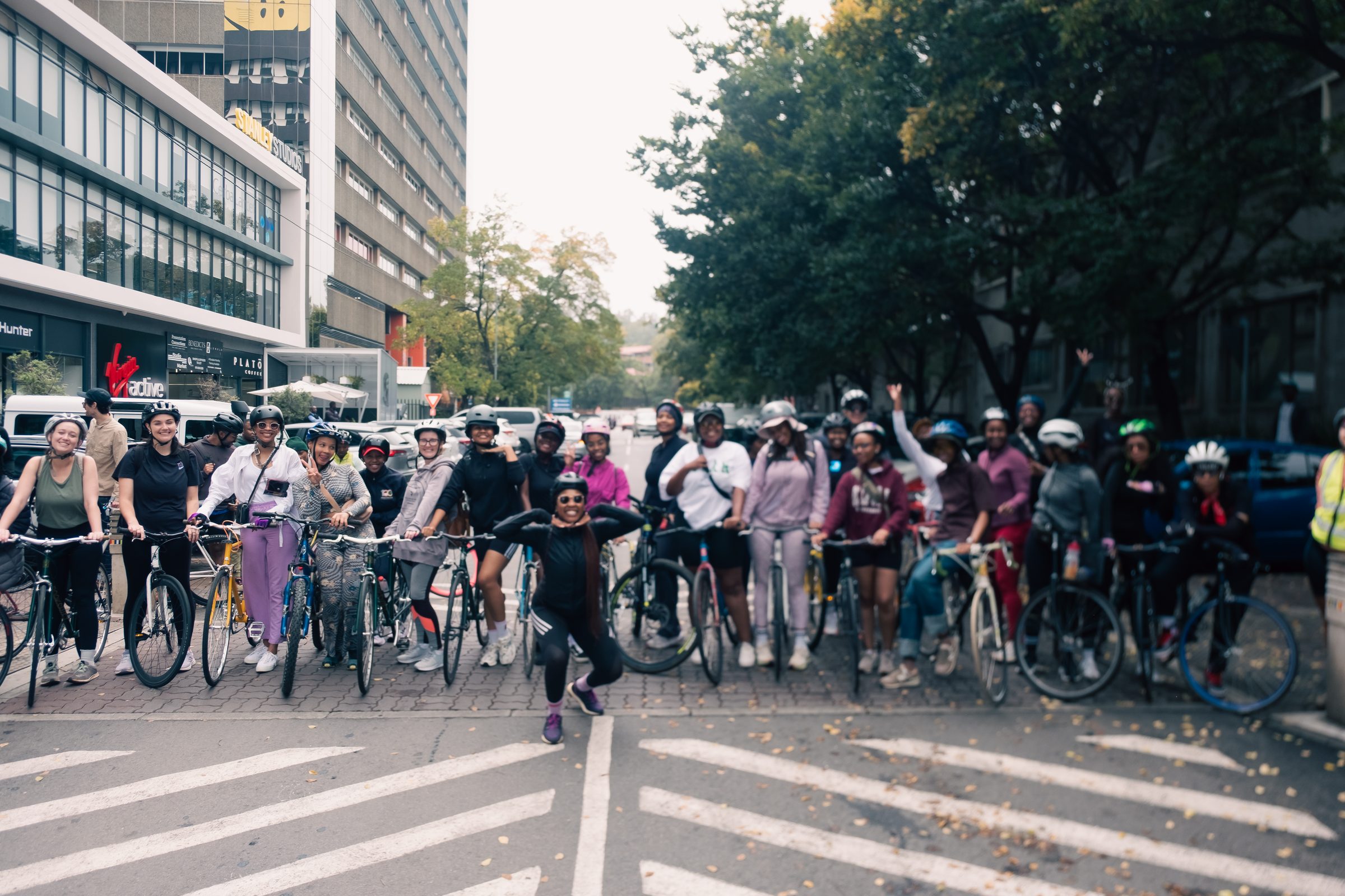 The Girls on Bikes crew lined up before a social ride in Braamfontein, Johannesburg